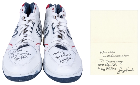 1992 Larry Bird Game Used & Signed Dream Team Converse Sneakers With Signed Christmas Card - Bird Personally Gifted  To Friend (Sports Investors Authentication, PSA/DNA & JSA)
